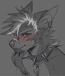 anthro biped black_body black_fur black_sclera bodily_fluids collar fur leash leashed_collar male nose_scar nude_anthro nude_male red_eyes solo spiked_collar spikes sweat sweatdrop sweaty_body angiewolf canid canine canis mammal wolf 2024