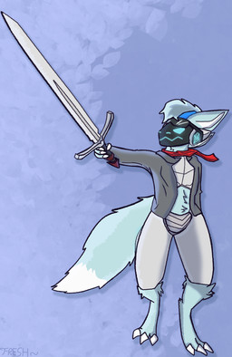 anthro blue_body blue_fur fur horn machine male melee_weapon scarf simple_background solo sword tail weapon freshdacat kenny_(hyperbirdy) protogen