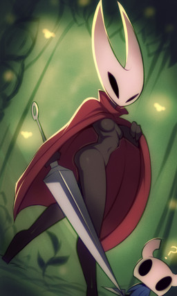 ambiguous_gender anthro black_body black_eyes bottomless breasts butt cloak clothed clothing duo empty_eyes female female/ambiguous holding_object holding_weapon hornet's_needle low-angle_view navel plant question_mark red_clothing size_difference smaller_ambiguous standing weapon wildblur hollow_knight_(franchise) team_cherry hornet_(hollow_knight) the_knight_(hollow_knight) arthropod insect vessel_(species) 2025 3:5 digital_media_(artwork) hi_res half_sister_(lore) nonbinary_(lore) sibling_(lore) sister_(lore)