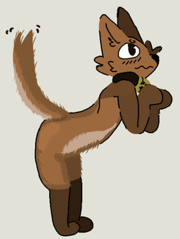 ambiguous_gender anthro blush cheek_tuft collar collar_only facial_tuft fur grey_background inner_ear_fluff looking_up nude orange_body orange_fur presenting simple_background solo tail tail_motion tailwag toony tuft blackjackissers hi_res