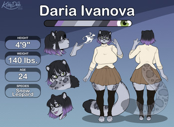 anthro biped bottomwear breasts clothed clothed_anthro clothed_female clothing eyewear female front_view fully_clothed fully_clothed_anthro fully_clothed_female fur glasses hair looking_at_viewer rear_view simple_background smile solo spots standing tail teeth text tongue topwear kittydee felid mammal pantherine snow_leopard 2026 digital_drawing_(artwork) digital_media_(artwork) english_text model_sheet