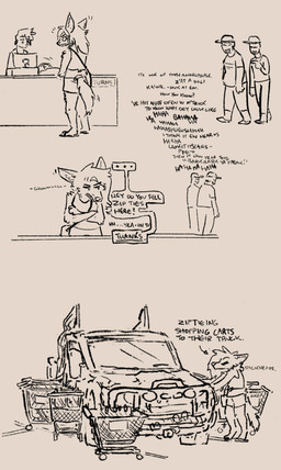 animal_hrt anthro bigotry clothing dialogue female footwear group hat headgear headwear male plantigrade sandals shoes shopping_cart speciesism text truck vehicle zip_tie vanillayote rain_(vanillayote) canid canine canis coyote human mammal comic english_text hi_res translated trans_(lore) trans_woman_(lore)
