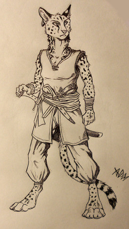 4_toes 5_fingers anthro barefoot belt biped bottomwear clothed clothing dagger digitigrade ear_piercing ear_ring feet female fingers front_view fully_clothed fur gun handgun looking_aside markings melee_weapon pants piercing pistol ranged_weapon ring_piercing scabbard shirt simple_background smile solo spots spotted_body spotted_fur standing striped_markings striped_tail stripes sword tail tail_markings toes topwear weapon white_background wraps wrist_wraps 0laffson felid feline mammal serval 2016 full-length_portrait pen_(artwork) portrait signature sketch traditional_media_(artwork)