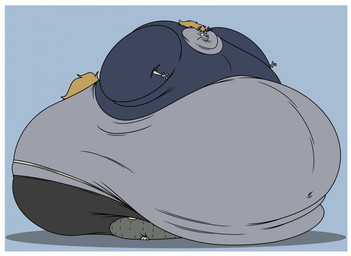 anthro belly big_belly blonde_hair border fur grey_body grey_fur hair huge_belly hyper hyper_belly male morbidly_obese morbidly_obese_male obese obese_male overweight overweight_male solo weight_gain white_border kylestudios hunter_x_hunter welfin_(hunter_x_hunter) canid canine canis chimera_ant mammal wolf hi_res