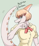 5_fingers anthro biped blonde_hair bone_frill bow_tie breasts claws clothed clothed_anthro clothed_female clothing dialogue eyelashes eyewear female finger_claws fingers frill_(anatomy) front_view glasses green_eyes hair head_turned humanoid_hands insult insulting_viewer long_tail looking_at_viewer medium_breasts medium_hair motion_lines multicolored_body multicolored_scales non-mammal_breasts open_mouth orange_body orange_scales red_bow_tie scales shirt simple_background smug solo spiked_tail spikes spikes_(anatomy) tail tail_motion tailwag talking_to_viewer taunting teeth text topwear two_tone_body two_tone_scales white_body white_clothing white_scales white_shirt white_topwear rumydaigo goodbye_volcano_high naomi_(gvh) dinosaur hadrosaurid ornithischian ornithopod parasaurolophus prehistoric_species reptile scalie 2025 colored english_text half-length_portrait hi_res portrait