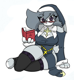 anthro big_breasts blush book book_title breasts christian_cross christian_symbol cleavage clothed clothing cross cross_pendant eyewear female glasses holding_book holding_object legwear nun open_book religion religious_symbol solo stockings thick_thighs thigh_highs title pace-maker christianity disney zootopia violet_hopps lagomorph leporid mammal rabbit