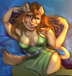 anthro bedroom_eyes belt breasts brown_eyes brown_hair clothed clothing dress female fur hair looking_at_viewer narrowed_eyes pink_nose seductive solo tail tail_tuft tuft yellow_body yellow_fur moonabel evon cleo_ap_pride felid lion mammal pantherine hi_res