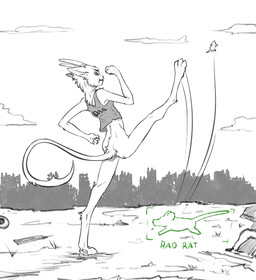 3_toes ambiguous_gender anthro bottomless bottomless_anthro butt city city_background cityscape clothed clothing detailed_background digitigrade duo feet fur humor kick kicking_another outside plant shirt smile spread_legs spreading tail tank_top text toes topwear zafara_(artist) fallout microsoft taski_(zafara) bovid caprine caprine_demon demon goat goat_demon mammal murid murine rat rodent digital_media_(artwork) english_text greyscale hi_res monochrome spot_color female_(lore)