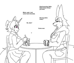 anthro beverage bodysuit bottomwear chair claws clothing container cropped_jacket cup dialogue drinking_straw duo equine_ears equine_tail female female/female fur furniture hair horn ice interlocked_fingers legwear on_chair pants petal_hair plant plant_hair pseudo_hair ribbons scarf sitting sitting_on_chair skinsuit skirt smile spikey_tail tail text thigh_highs tight_clothing unicorn_horn worried worried_look quincebleene nella_(diamond_nella) quince_(quincebleene) animal_humanoid equid equid_humanoid equine equine_humanoid humanoid mammal mammal_humanoid piantan 2025 english_text hi_res monochrome