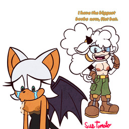 anthro areola bodily_fluids boots bottomwear breasts cleavage clothed clothing dialogue duo female fingerless_gloves footwear gloves handwear horn navel nipples open_mouth pants shoes tail tears tears_of_sadness text tongue topless topless_female wings sussytomato idw_publishing sega sonic_the_hedgehog_(comics) sonic_the_hedgehog_(idw) sonic_the_hedgehog_(series) lanolin_the_sheep_(sonic) rouge_the_bat bat bovid caprine mammal sheep 1:1 english_text hi_res