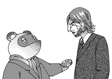 ambiguous_gender anthro clothed clothed_anthro clothed_human clothed_male clothing coin duo facial_hair hair holding_object looking_at_another male necktie janemai animal_crossing john_wick nintendo john_wick_(character) tom_nook_(animal_crossing) canid canine human mammal raccoon_dog tanuki 2018 black_and_white digital_drawing_(artwork) digital_media_(artwork) english_description monochrome male_(lore)