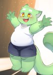 4_fingers abstract_background anthro barefoot belly black_bottomwear black_clothing black_nose black_shorts blush blush_lines bottomwear bulge clothed clothing dipstick_ears dipstick_tail ear_markings eyebrows feet fingernails fingers fully_clothed fur gloves_(marking) green_body green_fur happy kemono male markings moobs multicolored_body multicolored_ears multicolored_fur nails navel_outline open_mouth open_smile overweight overweight_anthro overweight_male pink_tongue pupils raised_arms shadow shirt shorts smile snaggle_tooth solo tail tail_markings tank_top thick_thighs toes tongue topwear white_body white_clothing white_fur white_pupils white_shirt white_tank_top white_topwear wide_hips yellow_eyes young young_anthro young_male badcat tolil_nyan domestic_cat felid feline felis mammal 2024 absurd_res digital_media_(artwork) full-length_portrait hi_res portrait shaded soft_shading