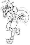 abs anthro bottomwear clothing crop_top elbow_pads female fingerless_gloves gloves greeting hair handwear knee_pads ponytail shirt shorts slim solo tail tail_motion tailwag topwear noahdoesart moriah_(noahdoesart) canid canine fox mammal hi_res monochrome