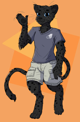 anthro black_body black_fur black_hair black_nose blue_eyes fur gesture hair looking_at_viewer male melanistic short_hair smile smiling_at_viewer solo walking waving hazel_(artist) ben_(leopardben) felid leopard mammal pantherine absurd_res hi_res