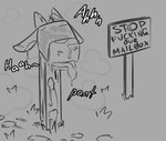 ambiguous_gender bodily_fluids breath cum cum_covered dialogue eyeless genital_fluids genitals humanoid_genitalia mailbox messy panting sign signpost text typicalwalker kelvin_(typicalwalker) animate_inanimate giraffe giraffid mammal english_text greyscale monochrome sketch