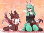 ambiguous_gender anthro black_body black_fur clothed clothing duo feathered_wings feathers female feral fur green_body green_fur green_hair hair kemono long_hair purple_eyes red_eyes smile wings pipisan handymonsters avian bird unknown_species 4:3