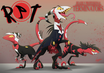 alternate_species alternate_universe assassin black_hair blood bodily_fluids claws clothed clothing digitigrade female feral forked_tongue group hair hell horn looking_at_viewer male markings mercenary open_mouth red_body redesign simple_background spiked_tail spikes spikes_(anatomy) suit tail teeth text tongue trio white_hair yellow_sclera metrosaurus hellaverse helluva_boss blitzo_(helluva_boss) millie_(helluva_boss) moxxie_(helluva_boss) demon dinosaur dromaeosaurid hybrid imp prehistoric_species reptile scalie theropod velociraptor absurd_res digital_media_(artwork) english_text hi_res