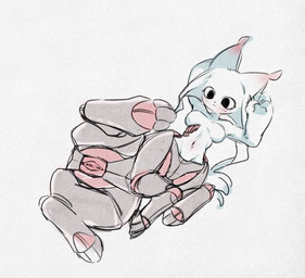 black_eyes black_nose blush breasts cybernetics eyelashes featureless_breasts female fur genitals grey_body machine metallic_body navel nude red_body solo vulva white_body white_fur wide_hips le_(artist) nine_sols red_candle_games fan_character cyborg felid feline mammal solarian taur