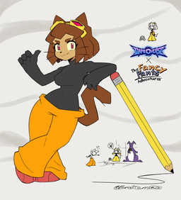 1_eye anthro big_tail black_body black_clothing black_skinsuit bottomwear breasts brown_eyebrows brown_hair buckteeth chocolate_ice_cream clothing dessert eyebrows eyelashes eyewear eyewear_on_head female food gesture goggles goggles_on_head group hair hand_gesture holding_food holding_ice_cream holding_object ice_cream logo looking_at_viewer machine male navel orange_bottomwear orange_clothing orange_pants pants pencil_(object) pointing pointing_at_self pose purple_body resting_arm short_hair skinsuit standing stick_figure tail teeth text tight_clothing trio whiskers x_symbol yellow_bottomwear yellow_clothing yellow_eyewear yellow_goggles yellow_pants brodtsumi fancy_pants_adventures gameoverse glitch_productions angry_rabbit_(fancy_pants_adventures) fancy_pants_man kaboodle_(gameoverse) kit_bodega domestic_cat felid feline felis lagomorph leporid mammal rabbit robot 2026 absurd_res artist_name crossover hi_res
