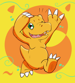 3_fingers 3_toes ambiguous_feral ambiguous_gender blush blush_lines claws feet feral finger_claws fingers green_eyes hand_on_own_head light moobs one_eye_closed open_mouth open_smile orange_body orange_skin orange_tail pink_tongue sharp_teeth simple_background smile smiling_at_viewer solo sparkles sparkling_eyes tail teeth toe_claws toes tongue walking white_claws yellow_background fuposey bandai_namco digimon agumon digimon_(species) 2025 colored digital_drawing_(artwork) digital_media_(artwork) english_description lighting shaded