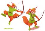 anthro arrow_(weapon) belt biped black_nose bow_(weapon) clothed clothing footwear fur hat headgear headwear male quiver_(object) ranged_weapon red_body red_fur shoes simple_background solo standing text weapon white_background lowergold lowerkuo disney robin_hood_(disney) robin_hood canid canine fox mammal red_fox true_fox