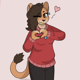 anthro black_bottomwear black_clothing black_pants bottomwear brown_eyes brown_hair clothing ear_piercing ear_ring female fur gesture hair heart_gesture heart_symbol jewelry looking_at_viewer necklace one_eye_closed pants piercing red_clothing red_sweater red_topwear ring_piercing solo sweater tail tan_body tan_fur topwear wink winking_at_viewer ashblondekittyy bryn_(ashblondekitty) felid lion mammal pantherine 1:1