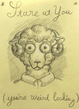 anthro big_eyes clothed clothed_anthro clothed_male clothing ears_down eyebrows fur horn looking_at_viewer male pivoted_ears shirt solo text topwear wool_(fur) reynard_goodfellow reynard_the_baa bovid caprine mammal sheep hi_res