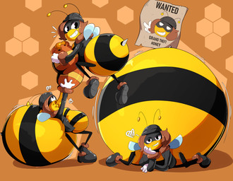 anthro belly big_butt brown_hair butt clothing female gloves group hair handwear hat headgear headwear huge_butt overweight wings veryfilthything arthropod bee hymenopteran insect 2022 absurd_res hi_res