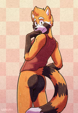 anthro biped black_body black_countershading black_fur black_markings black_nose black_stripes black_tail blush bottomless bottomless_anthro bottomless_male butt checkered checkered_background closed_smile clothed clothed_anthro clothed_male clothing countershade_butt countershade_face countershade_fur countershading dipstick_tail eyebrows fingers fur fur_markings gloves_(marking) head_tuft humanoid_hands long_tail looking_at_viewer looking_back looking_back_at_viewer male male_anthro markings monotone_clothing monotone_shirt monotone_tank_top monotone_topwear mouth_closed multicolored_body multicolored_fur multicolored_tail orange_body orange_eyes orange_fur orange_markings orange_stripes orange_tail orange_tuft pattern_background pose red_clothing red_shirt red_tank_top red_topwear reverse_countershading ring_(marking) ringed_tail shirt simple_background slim slim_anthro slim_male smile smiling_at_viewer solo standing striped_markings striped_tail stripes tail tail_markings tank_top text three-quarter_view topwear tuft white_body white_countershading white_eyebrows white_fur white_inner_ear white_markings white_sclera white_tail_tip solarlewds mars_(solarlewds) ailurid mammal red_panda artist_name digital_media_(artwork) english_description hi_res pinup portrait shaded three-quarter_portrait