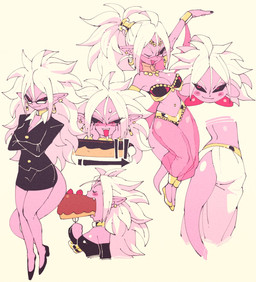 5_fingers blush breasts cake clothing dessert ear_piercing ear_ring eating eyewear female fingers food footwear glasses hair high_heels humanoid_pointy_ears leotard long_hair not_furry one_eye_closed open_mouth piercing pink_body pink_skin pointy_ears red_eyes ring_piercing shoes simple_background smile solo suit translucent translucent_clothing white_background white_hair wink inkerton-kun dragon_ball dragon_ball_fighterz kirby_(series) nintendo android_21 kirby majin_android_21 alien alien_humanoid humanoid majin waddling_head crossover hi_res