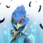 anthro beak blue_body blue_feathers clothing feathers green_eyes grey_background half-closed_eyes jacket kerchief male narrowed_eyes red_body red_feathers simple_background solo topwear yellow_beak zipper twilightvolt nintendo star_fox falco_lombardi avian bird 1:1 2021 hi_res signature