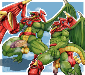 anthro anus backsack balls big_balls big_penis bodily_fluids butt claws crouching cybernetics duo erection foreskin genitals gesture glans green_body hand_gesture hand_on_butt hand_on_own_butt humanoid_genitalia humanoid_penis machine male manly membrane_(anatomy) membranous_wings muscular muscular_anthro muscular_male musk penis pointing pointing_at_penis presenting presenting_anus presenting_balls presenting_hindquarters presenting_penis raphe_(anatomy) retracted_foreskin saliva sharp_teeth spread_butt spreading sweat tail teeth toe_claws tongue tongue_out vein veiny_penis wings teastuff yu-gi-oh! cyber-tech_alligator alligator alligatorid crocodilian duel_monster reptile scalie absurd_res hi_res huge_filesize