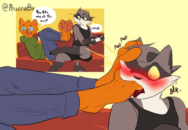 anthro blush bodily_fluids clothed clothing dialogue duo eyewear feet flying_sweatdrops foot_fetish foot_focus foot_in_mouth foot_on_head foot_play foot_suck fully_clothed gaming glasses glk legs_up male male/male one_eye_closed playing_video_game questionable_consent rectangular_glasses sound_effects speech_bubble sucking sweat sweatdrop text toe_in_mouth toe_suck toes vowelless vowelless_sound_effect wearing_glasses peuzzabaiano nic_(justbored) riki_raccoon felid feline mammal english_text hi_res