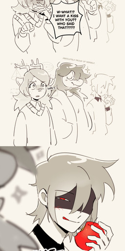 ambiguous_gender ambiguous_human anthro antlers apple blush blush_lines blushing_profusely chewing claws clothed clothing covering covering_mouth dialogue ear_blush eating eating_apple embarrassed equation eyelashes fangs female food freckles fruit glistening glistening_hair group hair hair_over_eyes holding_food holding_object horn jacket licking licking_lips long_hair long_sleeves math monotone_background motion_lines open_clothing open_jacket open_topwear plant red_blush red_eyes shadow_face shirt shirt_collar simple_background snout sparkles speech_bubble sweater sweater_vest teeth text tongue tongue_out topwear trio vest firemauer third-party_edit deltarune undertale_(series) kris_dreemurr noelle_holiday susie_(deltarune) deer human mammal new_world_deer reindeer scalie 2025 absurd_res comic comic_edit digital_drawing_(artwork) digital_media_(artwork) english_text half-length_portrait headshot_portrait hi_res portrait