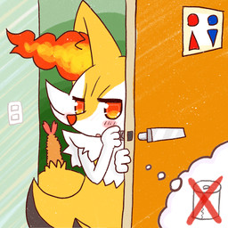 :o ambiguous_anthro ambiguous_gender anthro bathroom biped blush detailed_background door food inside looking_at_viewer open_mouth shrimp_(food) snout solo toilet_paper annyui0611 nintendo pokemon braixen canid generation_6_pokemon mammal pokemon_(species) 1:1 2022 digital_drawing_(artwork) digital_media_(artwork) half-length_portrait hi_res japanese_description portrait translated_description
