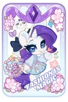 blue_eyes bow_(feature) cherry_blossom chibi clothing dress eyelashes eyeshadow female flower fur hat headgear headwear horn long_sleeves makeup mane open_mouth open_smile plant prunus_(flower) smile smiling_at_viewer solo text white_body white_fur oofycolorful friendship_is_magic hasbro my_little_pony mythology opalescence_(mlp) rarity_(mlp) domestic_cat equid equine felid feline felis mammal mythological_creature mythological_equine unicorn 2023 english_text hi_res