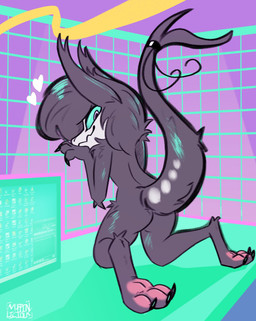 1980s_theme anthro black_body black_fur butt detailed_background female fur heart_symbol kneeling looking_at_viewer nude pawpads paws solo synthwave muffinlicious mythology neffali_(muffinlicious) dragon furred_dragon furred_scalie mythological_creature mythological_scalie scalie hi_res