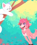 anthro branch day detailed_background duo feral fur looking_at_another open_mouth open_smile outside pink_body pink_fur plant purple_eyes smile tongue hydrabb deer domestic_cat felid feline felis mammal 2021 absurd_res digital_media_(artwork) hi_res lineless