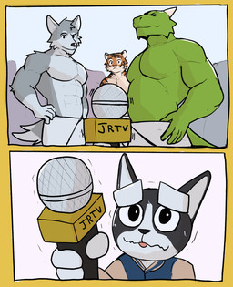 abs anthro big_muscles blep bodily_fluids clothed clothing countershading electronics eyebrows fur group holding_microphone holding_object horn interview jacket looking_at_another male microphone muscular muscular_anthro muscular_male navel nervous pecs shaking size_difference sweat text tongue tongue_out topless topless_male topwear towel towel_only tuft jrjresq mythology canid canine canis domestic_dog dragon felid mammal mythological_creature mythological_scalie pantherine scalie tiger wolf 2021 absurd_res comic hi_res