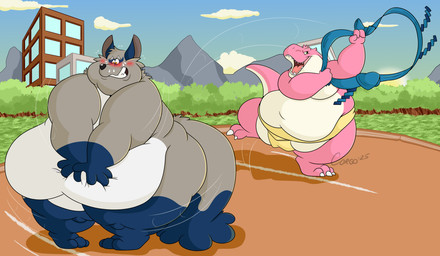 anthro asian_clothing assisted_exposure belly big_belly big_tail blush clothing duo east_asian_clothing embarrassed forest japanese_clothing male male/male mawashi obese obese_male outside overweight overweight_male pantsing pink_body plant public sumo tail tree white_body gargocorey nintendo pokemon canid canine dinosaur fox generation_8_pokemon mammal nickit pokemon_(species) prehistoric_species reptile scalie hi_res