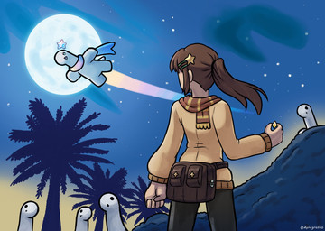 accessory ambiguous_gender anthro bag brown_hair fair_skin female flying full_moon gem group hair hair_accessory holding_object moon palm_tree plant scarf sky star tree dynogreeno dyno_(dynogreeno) dinosaur human mammal prehistoric_species reptile scalie hi_res
