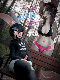 anthro athletic_wear band-aid band-aid_on_face bandage bandage_on_face bench black_clothing black_footwear black_hair black_socks blue_body blue_eyes blue_fur blush bottomless bottomless_male bottomwear breasts brown_hair bulge caught clothed clothing collar covering covering_crotch covering_self dialogue duo ear_piercing embarrassed erection femboy flower_hair_accessory footwear forest fur genitals gym_bottomwear gym_shorts gynomorph hair hoodie intersex legwear looking_at_another male navel navel_piercing outside penis piercing pink_penis plant public public_exposure purple_eyes semi_public shirt shorts shy sitting size_difference socks standing surprised tank_top tattoo text thigh_highs topwear tree maxkore adidas maxie_(maxkore) american_opossum lagomorph leporid mammal marsupial rabbit virginia_opossum 2025 3:4 3d_(artwork) digital_media_(artwork) english_text signature