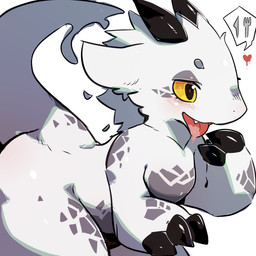 2_horns 3_fingers ambiguous_gender anthro biped black_claws black_horn blush claws cute_fangs cutlery eyebrows fangs fingers fork grey_body grey_eyebrows grey_skin heart_symbol horn kemono kitchen_utensils knife lidded_eyes multicolored_body multicolored_skin nude open_mouth pink_tongue raised_hand raised_tail simple_background smile solo speech_bubble tail teal_body teal_skin teeth thick_thighs tongue tongue_out tools white_background white_body white_skin yellow_eyes kyameta mythology dragon mythological_creature mythological_scalie scalie 1:1 2022 absurd_res digital_media_(artwork) hi_res