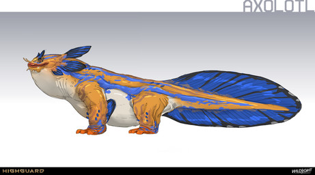 3_toes 4_toes ambiguous_feral ambiguous_gender barbel_(anatomy) belly blue_fin blue_markings brown_markings closed_smile company_name content_smile feet feral fin gradient_background leg_markings light lips long_tail markings mouth_closed multicolored_body multicolored_skin multicolored_tail nude_ambiguous orange_body orange_skin orange_tail overweight overweight_ambiguous overweight_feral red_lips side_view simple_background smile solo standing tail tail_fin tail_markings tan_body tan_skin text toes white_eyes nicholas_patrick_kelana highguard_(game) amphibian aquatic axolotl mole_salamander salamander 2026 absurd_res colored concept_art digital_drawing_(artwork) digital_media_(artwork) english_description english_text hi_res lighting official_art shaded