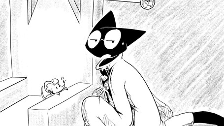 ambiguous_gender anthro assembly bodily_fluids bow_tie chair clothing coat duo ear_piercing eyewear furgonomics furniture glasses lab_coat light_bulb looking_back piercing sweat topwear wire dragonweirdo gytras_(dragonweirdo) domestic_cat felid feline felis mammal mouse murid murine rodent 16:9 hi_res monochrome widescreen