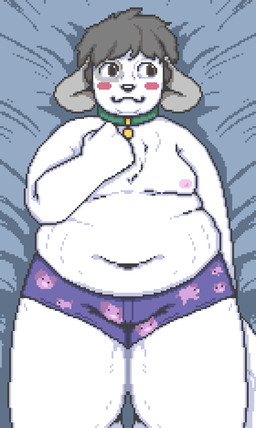 anthro bed belly big_belly blush blush_stickers boxers_(clothing) brown_eyes clothing collar fur furniture green_collar grey_body grey_fur grey_hair grey_sheets hair lying male moobs nipples on_back on_bed overweight overweight_anthro overweight_male pig_print smile solo stretch_marks thick_thighs underwear white_body white_fur unawarey dan_(unawarey) canid canine canis domestic_dog mammal digital_media_(artwork) pixel_(artwork)