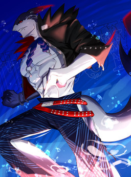 5_fingers biped blue_body blue_scales claws fin fingers humanoid_hands male multicolored_body multicolored_scales scales two_tone_body two_tone_scales white_body white_scales dark_zmagoti dislyte lilith_games tetsuya_(dislyte) aquatic fish shark hi_res