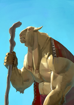 anthro clothed clothing elderly fantasy goat_ears grin larger_male long_ears male musclegut muscular muscular_anthro muscular_male size_difference smile solo staff teeth topless topless_anthro topless_male purplebirdman bovid caprine damascus_goat domestic_goat goat mammal 2026 colored detailed digital_drawing_(artwork) digital_media_(artwork) hi_res portrait shaded three-quarter_portrait