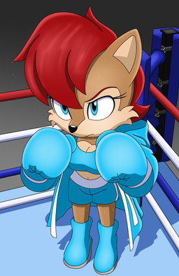 anthro blue_eyes bottomwear boxing_gloves breasts brown_body brown_fur clothed clothing female fighting_ring fur hair handwear red_hair solo toyminator900 archie_comics sega sonic_the_hedgehog_(archie) sonic_the_hedgehog_(comics) sonic_the_hedgehog_(series) sally_acorn chipmunk ground_squirrel mammal rodent sciurid absurd_res digital_media_(artwork) hi_res