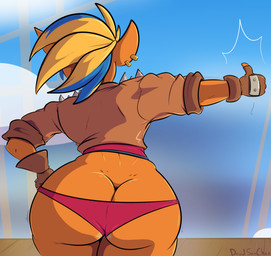 anthro big_butt blue_sky butt butt_cleavage butt_focus clothed clothing curvy_figure ear_piercing ear_ring female fingerless_gloves gesture gloves hair hand_gesture hand_on_hip handwear hitchhiking huge_butt jacket multicolored_hair orange_body panties piercing pink_clothing pink_panties pink_underwear rear_view ring_piercing sky solo thick_thighs thumbs_up topwear two_tone_hair underwear voluptuous voluptuous_anthro voluptuous_female wide_hips y_shaped_butt_crack davidsanchan activision crash_bandicoot_(series) pirate_tawna bandicoot mammal marsupial 2020 portrait three-quarter_portrait